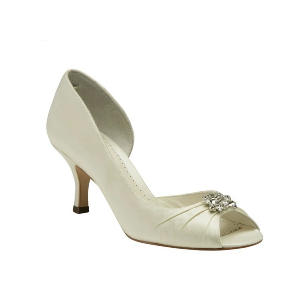 Benjamin Adams Celine heels in Ivory Duchess Silk with Swarovski crystals